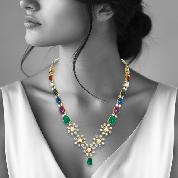 Navaratan Floral Necklace with Polkis, Emeralds, Rubies, and Pearls